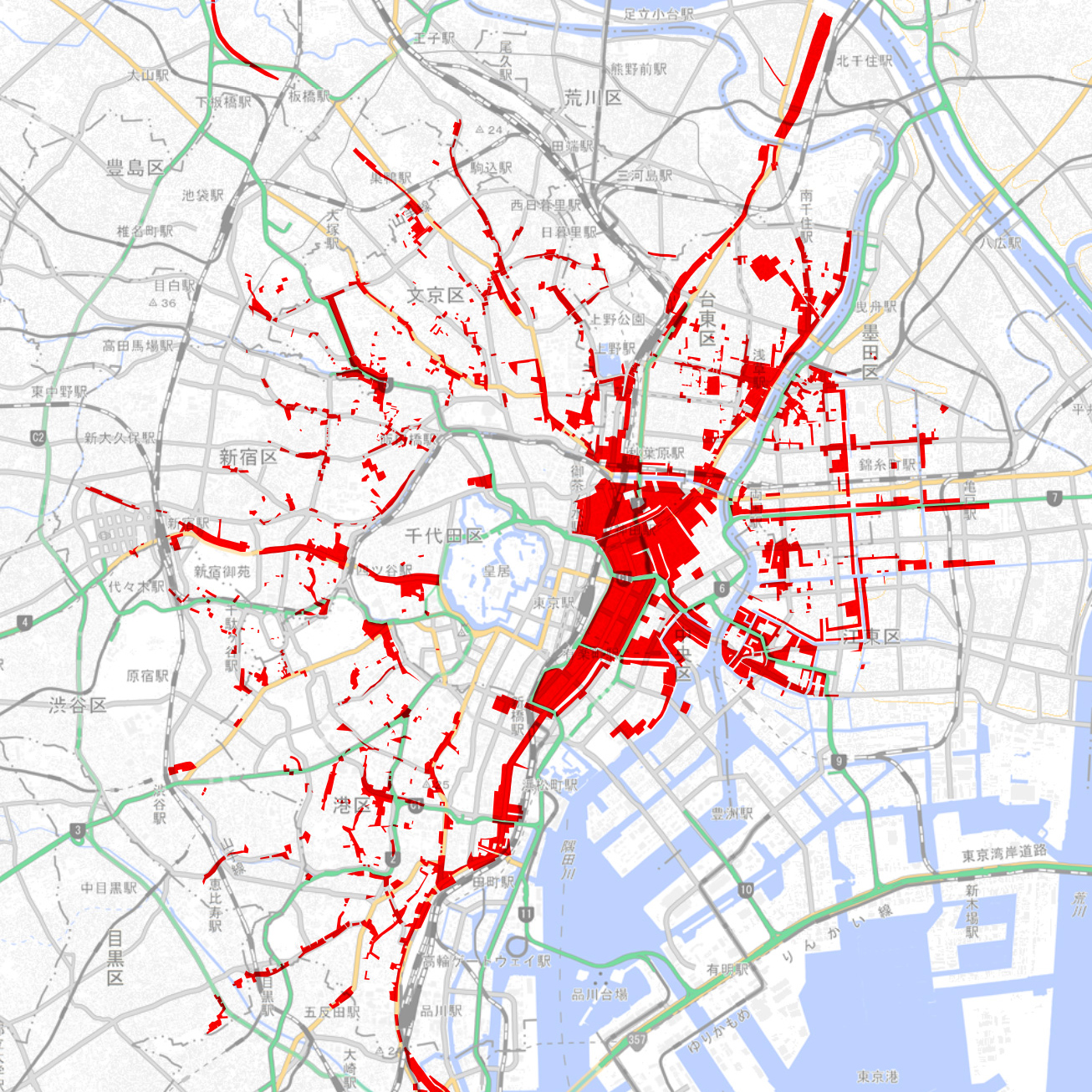 地図上に可視化された町家領域